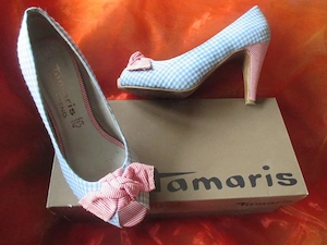 Vichy Karo Rockabilly Trachten Style Plateau High Heels Stilettos Peep Toes Pumps Tamaris 36,5-37