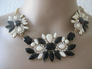 NEU m.E.Blüten Glitzer Swarovski Strass Kristalle Steine Statement Collier Kette gold schwarz ivory