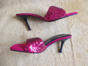 NEUw Glitzer Pailletten Pinup High Heels Pantoletten Sandaletten Schuhe ROLAND 37 4 kirsch rot black