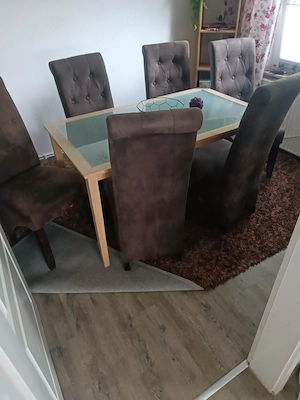 6 Eßzimmerstühle Alcantara braun top mit Glastisch