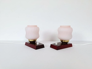 Vintage Mid-Century Nachttischlampenpaar   Retro-Tischleuchten aus rosafarbenem Glas mit Wirbelmuste