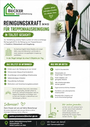 Reinigungskraft (m w d) für Treppenhausreinigung in Teilzeit