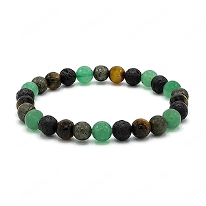 Armband für breites Handgelenk mit grünem Quarz, Lavastein, Tigerauge und Pyrit