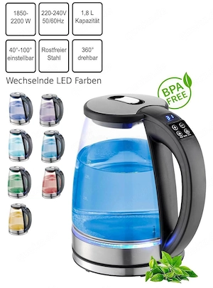 Edelstahl Glas Wasserkocher mit Temperaturwahl 2.200 Watt LED Beleuchtung
