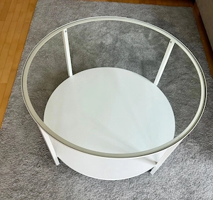Moderner runder Couchtisch   Glasplatte & weiße Ablage