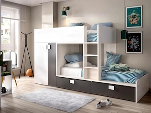 2 Etagenbett Hoch Bett mit Kleiderschrank und Schubladen