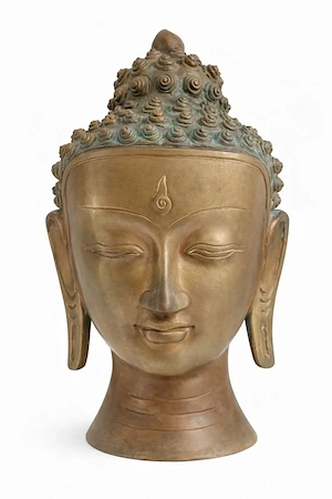Buddha Head   Symbol of serenity and awakening (gold-toned and patinated bronze statue)