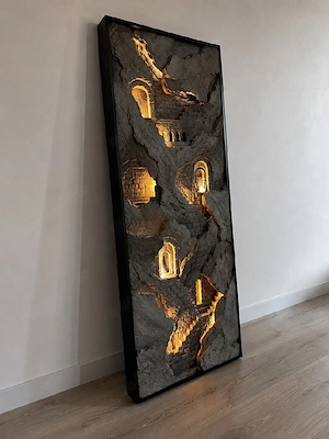 3D Wandbild mit LED Beleuchtung   Tempel im Felsen, handmade