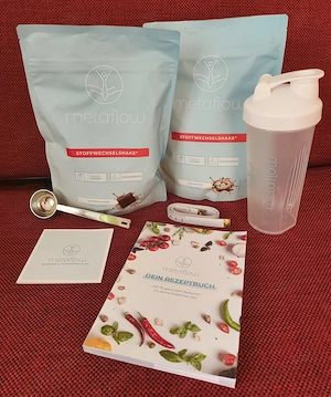 2 Pack. Metaflow OVP + Rezeptbuch, Shaker, Messbecher, Maßband 