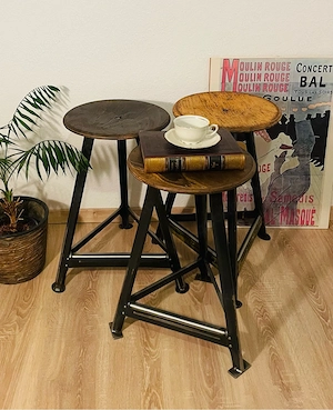 Vintage-Werkstatthocker 3St. im Industrie-Charme   Stahl & Holz mit echter Patina, 50er 60er Jahre