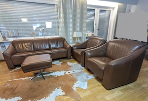 Schweizer Gütesiegel SEM  Sofa + 2 Sessel+ Schemel Leder, 60er Jahre