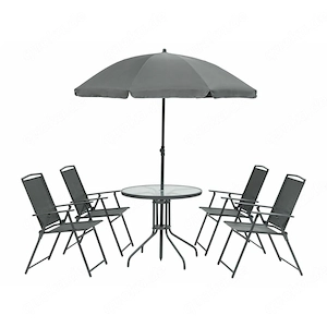 Sitzgruppe, 6-teilig, mit Tisch und Sonnenschirm