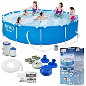 Runder Rahmenpool Bestway Steel Pro 56681 366x76 cm blauer Pool mit Pumpensandfilter