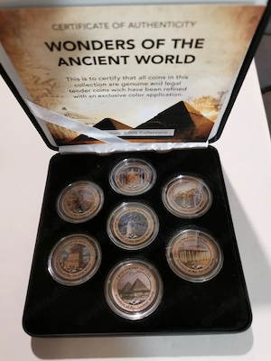 Cook Island 7x5 Cent "Die 7 Weltwunder", Farbmünzen in edler Box mit Zertifikat