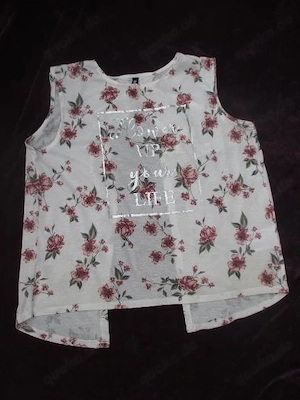  NEU Rosen Blumen Blüten Flower Silber Print A- Linie Trapez Träger Top T- Shirt flame Gr. 36-38 S
