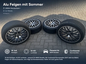 18 Zoll Alufelgen 5x120 mit Continental Sommerreifen   passend für BMW