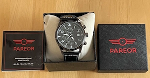 Uhr Chronograph PAREOR schwarz - Lederarmband - neu in OVP