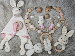 Schnullerkette Set Häschen Rosa Kinderwagenkette Nuckelkette Kuscheltuch Rassel personalisiert 