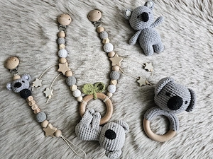 Schnullerkette Set Koala mit Namen Maxi Cosi Kette Kinderwagenkette Schmusetuch Beißring Kuscheltier