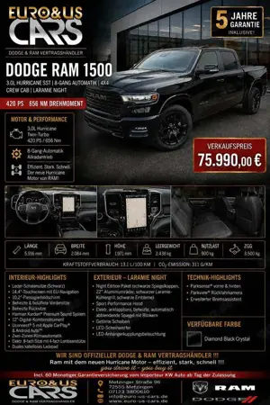 Dodge RAM 1500 Crew Night  12 Zoll BLIS 3,0ltr Hurricane  La