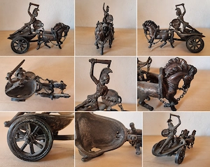 Antike Streitwagen Figur Pferd Krieger Metall Bronze Patina