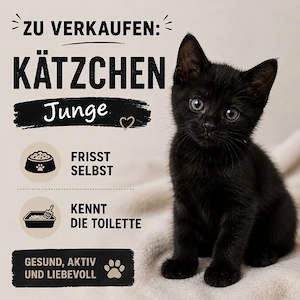 Ein süßes schwarzes Kätzchen sucht ein neues, liebevolles Zuhause. Junge