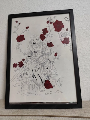 Handgezeichnetes A3-Bild   Kriegerin mit weinroten Rosen