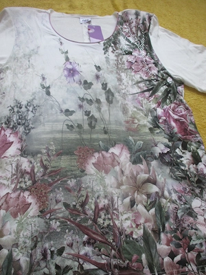  NEU m. E. Swarovski Strass Silber Nieten Aquarell Blumen Blüten T-Shirt L.G.M. COLLECTION 42-44 M-L