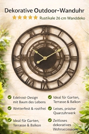 Wanduhr "Kompass" 26 cm   Stilvolle Vintage-Kunststoff in Metalllook Uhr für Innen & Außen