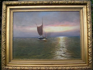 Ölbild mit aufwändigem Goldrahmen, um 1930, Segelboot im Sonnenuntergang, 90 x 60 cm