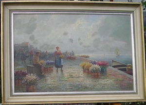 Blumenmarkt am Kai, holländisches Motiv, Ölbild 80 x 60cm