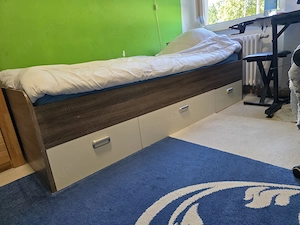 Kinderbettgestell mit Latenrost 90x200, Stauraumbett, Bettgestell, Bettkasten in Weiß, Eichefarben