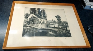 Radierung, Signiert György Szennik, 1970,Holzrahmen, Bauernhof