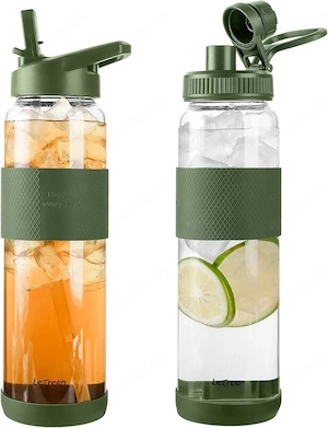 Glasflasche 1L Strohhalm Wasserflasche 2 Deckeln Trinkflasche