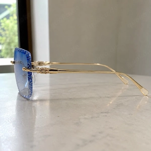 Neue randlose Sonnenbrille Blau Gold mit Kristall-Schliff 