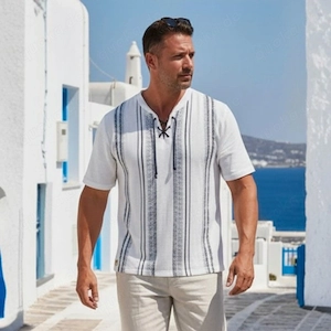 Herren Shirt Baumwolle Weiß Blau gestreift Schnürung XXXL NEU