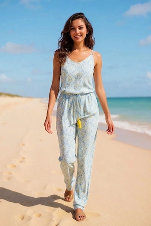 Damen Jumpsuit Overall Gr. 46 Blau Gelb Paisley NEU