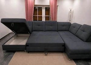Großes Ecksofa mit Schlaffunktion & Bettkasten   Anthrazit