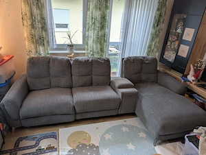 Wohnlandschaft Sofa Couch mit Ottomane (Longchair), elektrische Relaxfunktion, USB & Getränkehalter