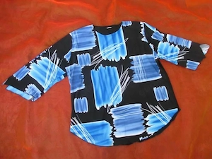 NEU Original VINTAGE DESIGNER Graffiti Dreiviertel Arm T-Shirt Tunika 40-42 M schwarz aqua türkis