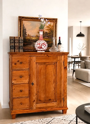 Antiker Biedermeier-Brotschrank aus Weichholz (1840er)   Landhaus-Stil, 4 Schubladen, Honigton, Schl