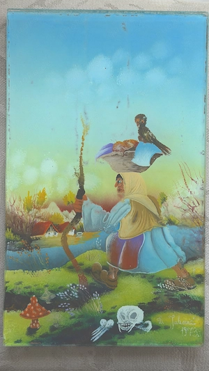 Hinterglasmalerei  . Jakovic 1973 Surreal   Volkskunst   15 25 cm