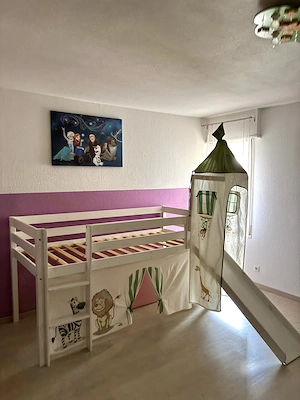 Kinderbett Hochbett weiß Kiefer massiv mit Rollrost Rutsche Turm Leiter Dschungel