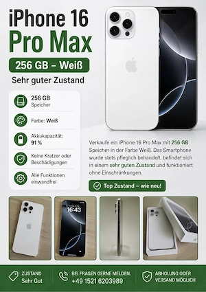 iPhone 16 Pro Max 256 GB   Weiß | Sehr guter Zustand