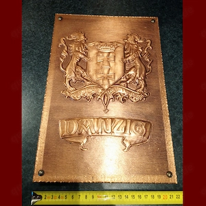 Kupferstich Danzig Wappen auf Holzplatte, Schild, 22 x 32,3 cm