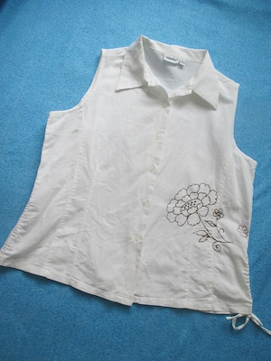 Rockabilly Blumen Blüten Print Leinen Baumwolle Hemd- Bluse ohne Arm Identic 36-38 S weiß khaki grün