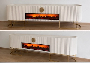 Moderne TV-Kommode mit elektrischem Kamin   Weiß Gold