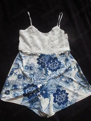 Blumen Blüten Häckel Lace Spitze DESIGNER Träger Strech Jumpsuit Einteiler Overall royal königs blau