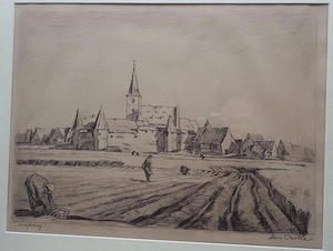 Radierung oder Lithografie von Hans Oertle "Nürnberg Kraftshof". Außenmaße ca. 60 x 50 cm. 
