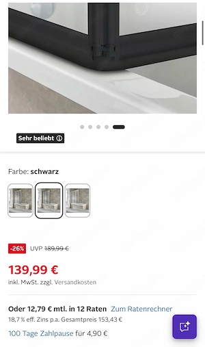 NEU & OVP   WELLTIME Nassau Badewannenaufsatz 120x140 cm | 3-teilig | Schwarz